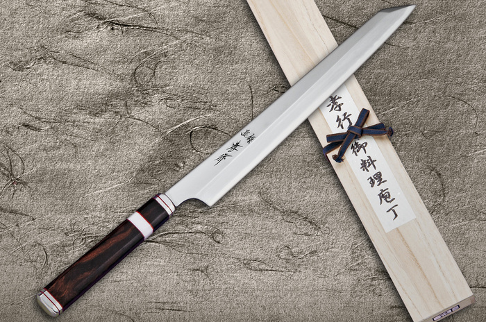 Sakai Takayuki Knives Selection Sakai Takayuki Honyaki VG10 Stainless Dragon, Sakai Takayuki Non-Stick Coating VG10 Hammered WA andSakai Takayuki Shiden Ginsan (Gingami No.3 Steel)