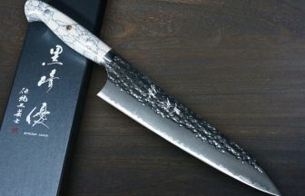 Yu Kurosaki R2(SG2) Hammered SENKO Custom TCW Japanese Chef's Santoku Knife 170mm with White Turquoise Handle