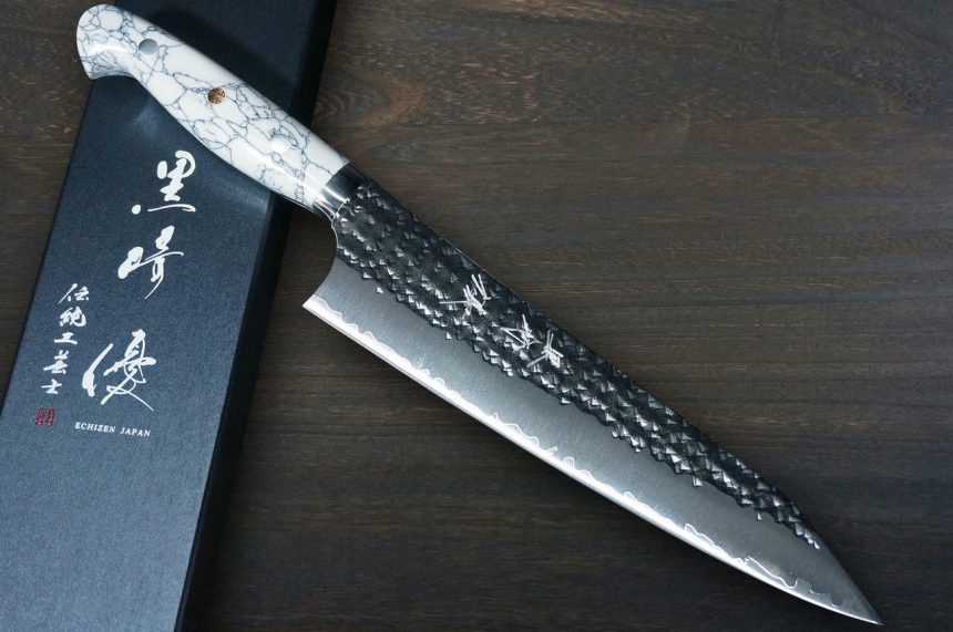 Yu Kurosaki R2(SG2) Hammered SENKO Custom TCW Japanese Chef's Santoku Knife 170mm with White Turquoise Handle