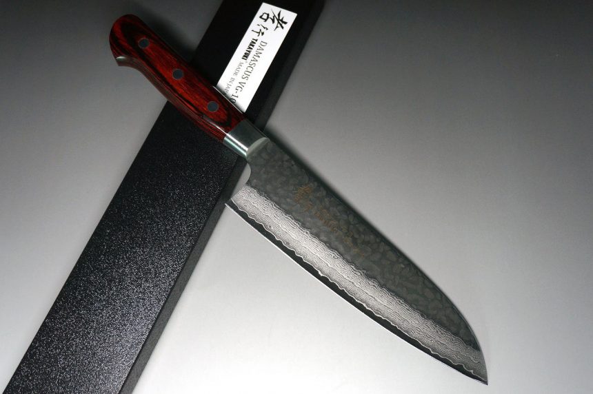 Sakai Takayuki 33-Layer VG10 Damascus Hammered Japanese Chef's Santoku Knife (180mm) and Sakai Takayuki 45-Layer Damascus Hammered WA Japanese Chef's Santoku Knife (180mm)
